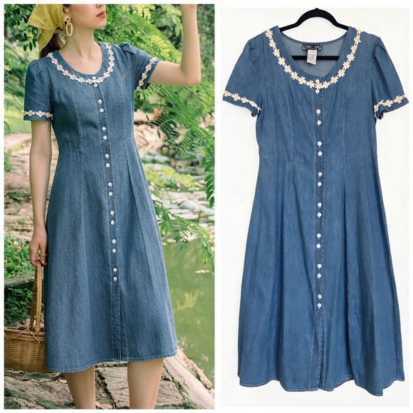 Vintage Dresses & Skirts - Vintage Daisy Trim Denim Jean Button Front Midi Dress, M